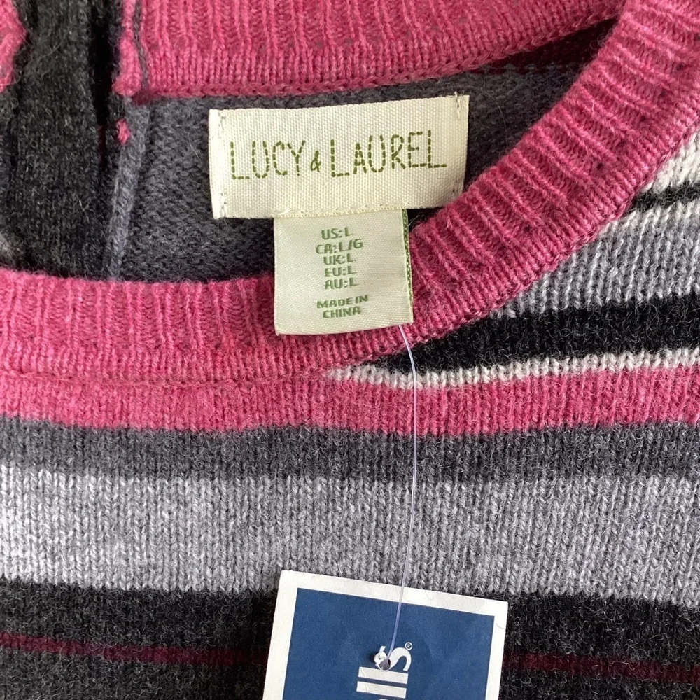 Lucy & Laurel NWT Merino Wool Pullover Sweater pink gray striped button back L